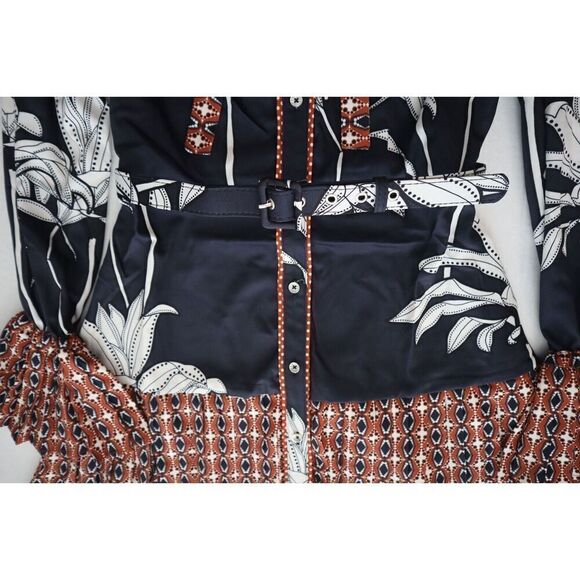 CIEBON Women's Sz M Black Multi Edda Pleated Tie Neck L/S Satin Mini Dress - Picture 5 of 9